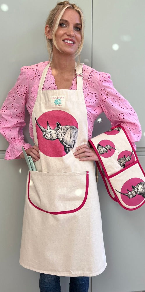 Sustainable Wildlife Aprons - Pink Rhino (Natural cream)